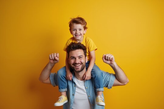 Father and son share a joyful moment against a bright yellow background in playful attire