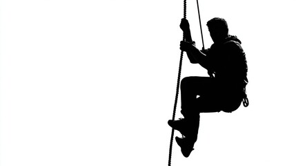 Black silhouette of a person ascending a rope against a bright white background, showcasing determination