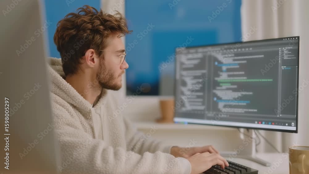 Poster caucasian male programmer working on computer code at night with christmas tree in background. remot