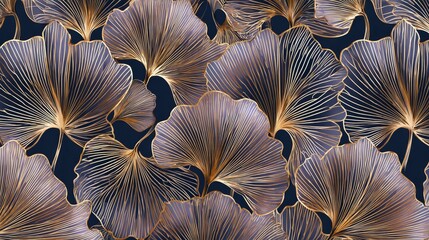Elegant golden metallic foiled flowers and leaves with contour lines on dark blue background in luxurious art deco style for wallpaper, packaging, banner, poster, and decorative design concepts