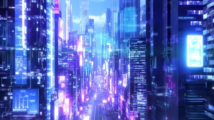Futuristic city skyline with neon lights and digital overlays