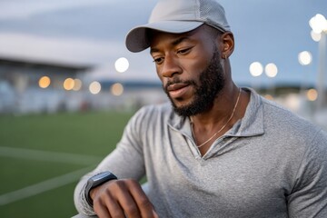 A focused athlete examines a smartwatch while training on a sports field, representing the integration of technology and fitness for modern sports enthusiasts.