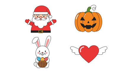 Fototapeta premium Seasonal Holiday Icons: Christmas, Halloween, Easter, and Valentine's Day vector design
