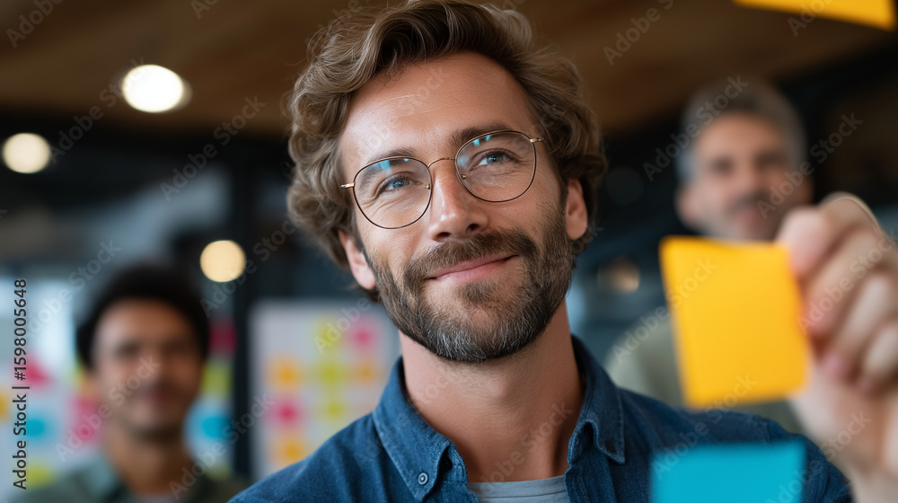 Poster creative project manager organizing tasks with sticky notes in modern office