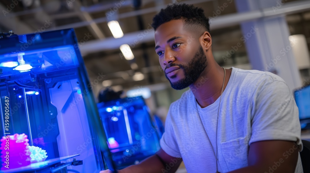 Poster man working with 3d printer in a modern workshop during daylight hours