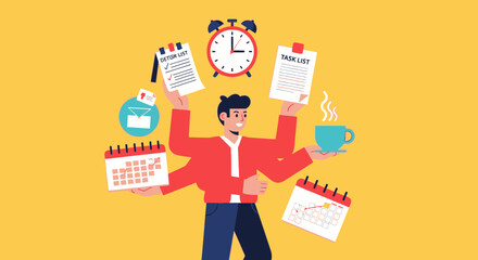 Cartoon illustration depicting multitasking and time management in a busy lifestyle