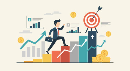 Business Growth Strategy Illustration: Businessman Climbing to Success Target Goal