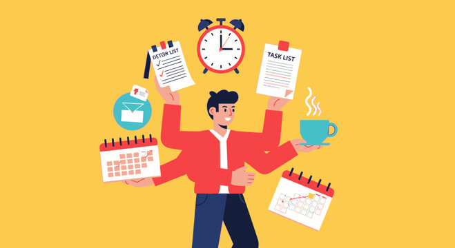 Cartoon illustration depicting multitasking and time management in a busy lifestyle
