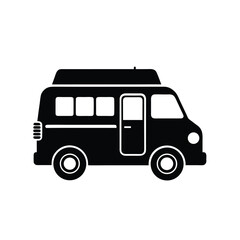 Black camper van silhouette icon isolated on white background