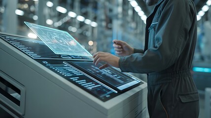 Person interacting with a futuristic holographic touchscreen interface in a modern facility