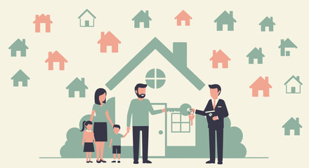 Fototapeta premium Real estate agent handing over keys to a young family buying their new home happy family