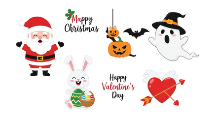 Seasonal holiday illustrations featuring santa claus easter bunny halloween ghost and valentine's