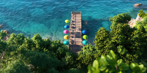 Aerial View of Coastal Pier with Umbrellas and People