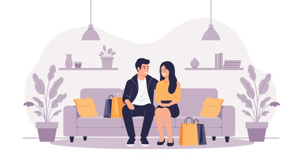 Young Couple Relaxing On Sofa After Shopping With Bags Inside House