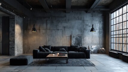 Industrial loft living room with dark gray tones