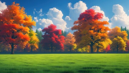 Vivid autumn trees with colorful foliage and bright green grass under a partly cloudy sky.