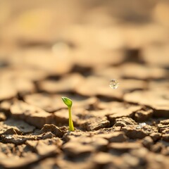 Fototapeta premium Hope in the Drought – A Plant Sprouting in Dry Soil