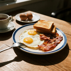A plate with fried eggs, bacon and toast on a wooden breakfast table