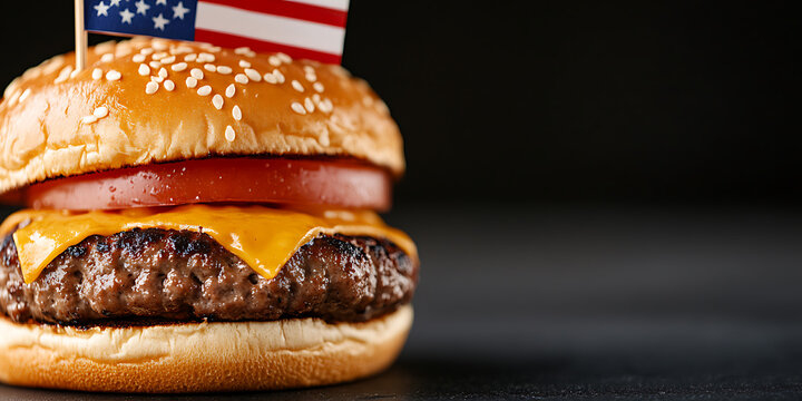 American Pride Burger: Juicy patty, melted cheese, tomato, and the US flag on a sesame seed bun, set against a dark backdrop. Celebrate!