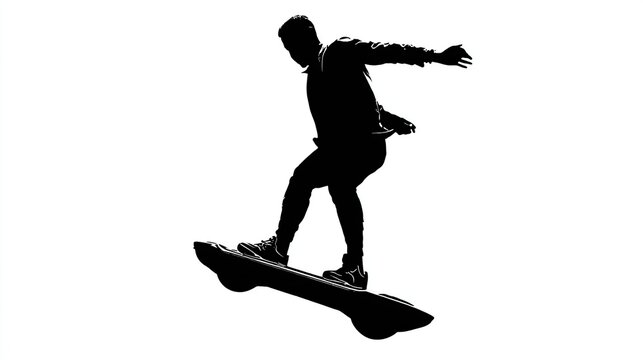 Silhouette of a person airborne on a Flowboard, arms outstretched for balance