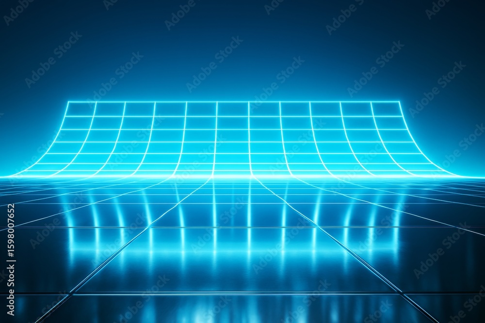 Poster glowing blue neon grid background with curved light wall and reflective tiles in futuristic digital 