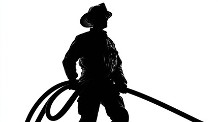 Silhouetted firefighter holding hose, wearing hat, against a stark white background