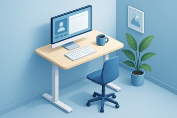 Minimalist home office with desk, computer, chair, plant, and framed picture in blue-themed abstract graphics on light background. Ai generative