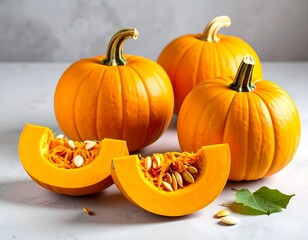 Obraz premium A collection of pumpkins,Halloween,Thanksgiving,rustic décor,or celebrating cozy autumn vibes. Earthy pumpkins, excellent for carving, baking,adding a wholesome touch to any food or lifestyle project