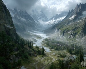 Alpine Valley Scenery With Snowy Peaks