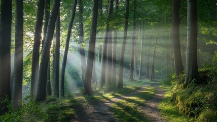 Obraz premium Sunbeams pierce through dense green forest canopy illuminating a winding path