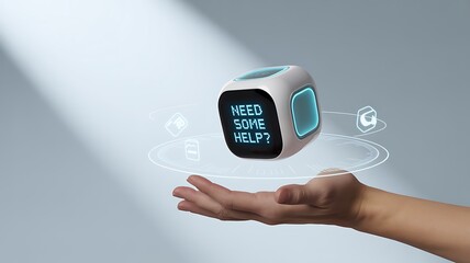 Floating digital cube with need some help message above open hand