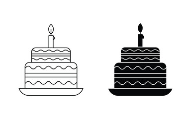 birthday Cake icons set. birthday cake with candles.  filled and strokes on white background.