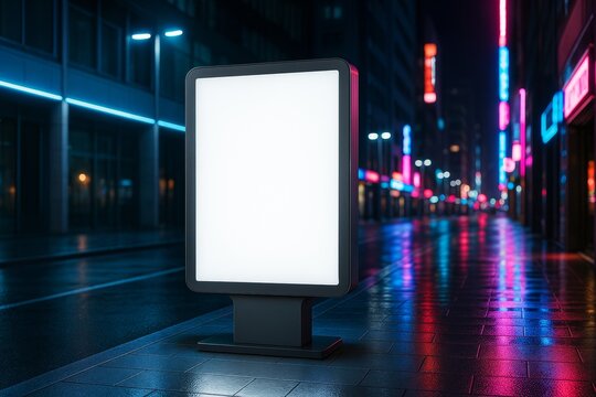 Illuminated blank billboard mockup on a wet city street at night with colorful neon lights and reflections for advertising or branding display concept. Ai generative - Powered by Adobe