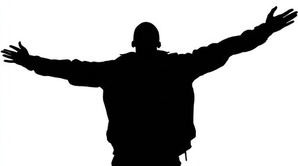 A black silhouette of a person with arms outstretched in a wide embrace against a bright white background