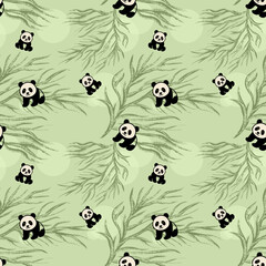Adorable Panda Bear Seamless Pattern  Cute Cartoon Pandas in Sage Green Bamboo Forest Illustration