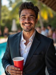 Handsome man at pool party wearing suit, enjoying summer vibes with red cup in hand