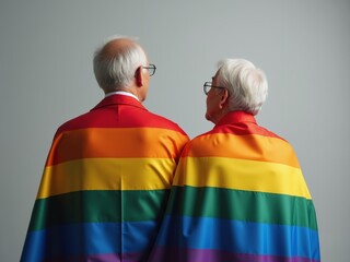 Elderly couple in vibrant rainbow cloaks showcasing love and pride in a minimalist setting