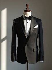 Black tuxedo suit on mannequin with bow tie and pocket square in well-lit room