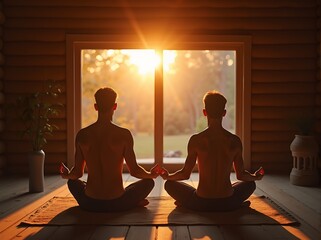 Meditation practice as sunlight streams through large window creating serene atmosphere