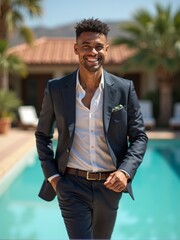 Pool party with joyful man wearing suit and smiling by the poolside under sunlight