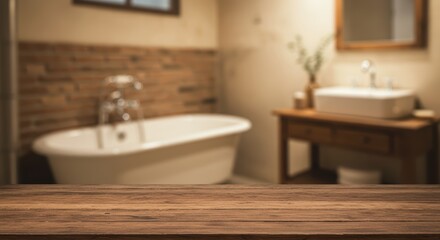 The bathroom is blurry and there is a wooden table in front to put things on.