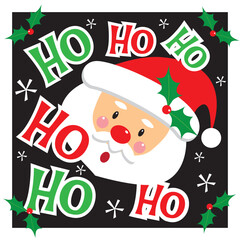 Christmas card, gift bag or box design with cute santa and ho ho ho text

