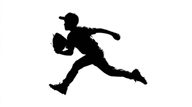 Silhouette of a child mid-action, leaping with a baseball glove and ball, against a white backdrop