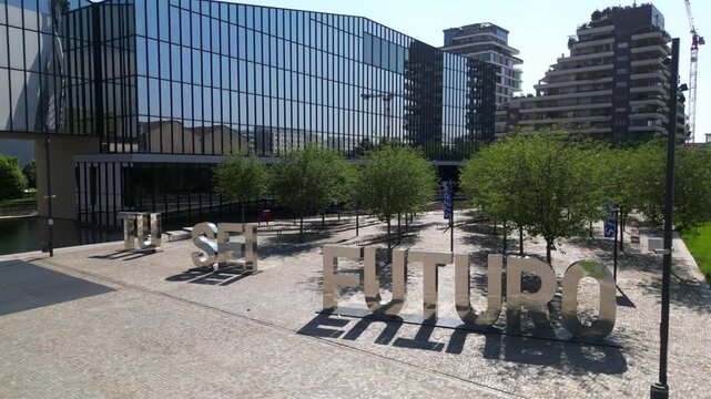 Europe, Italy , Milan 07,24,2025 Piazza Adriano Olivetti , you are the future Art installation - tu sei futuro FuturAbility District , new modern area in downtown close to Prada foundation 