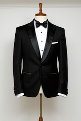 Black tuxedo and bow tie displayed on tailor's mannequin in formal setting