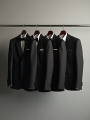 Formal black tuxedos on hangers in stylish display
