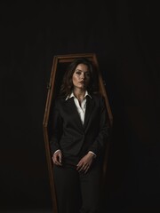 Elegant woman in formal attire standing confidently near open coffin in dark space
