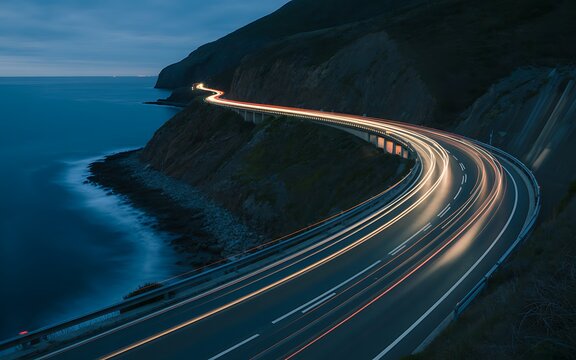 Long exposure of a winding coastal highway with light trails at dusk