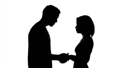 Silhouette of a man and woman facing each other with hands meeting in shadow