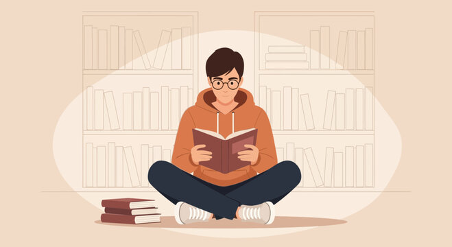 Young Man Immersed In Literature Relaxing With Book At Home Surrounded By Bookshelves